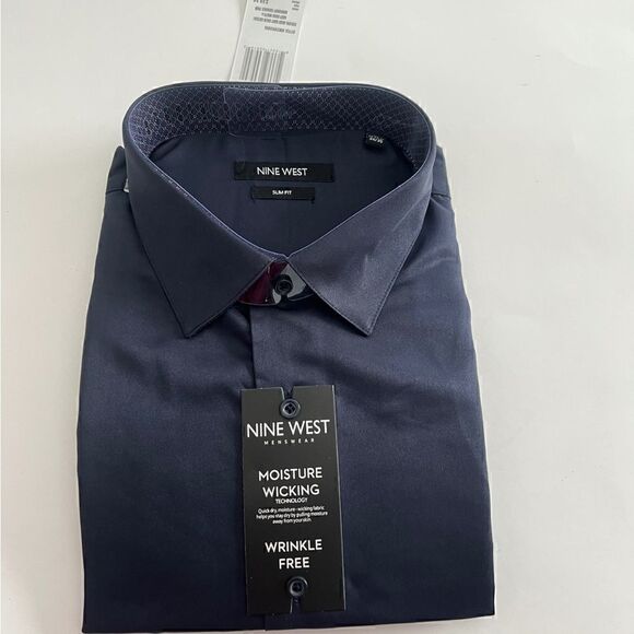New NINE WEST Men's Slim-Fit Wrinkle-Free  Stretch DARK NAVY L(16-16 1/2 - Picture 5 of 14